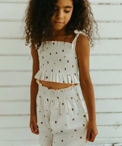 Fin & Vince Smocked Crop Blouse - Strawberries Red, White And Blue