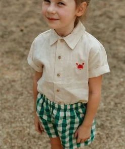 Fin & Vince Woven Button Up - Sand W/ Crab Embroidery