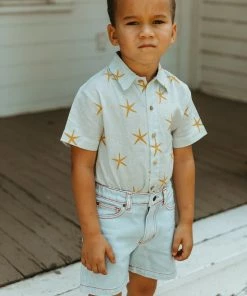 Fin & Vince Red, White And Blue Vintage Denim Shorts - Light Wash W/crab