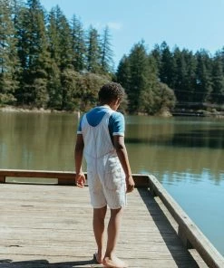 Fin & Vince Red, White And Blue Denim Short Overall - Grain Sack Stripe