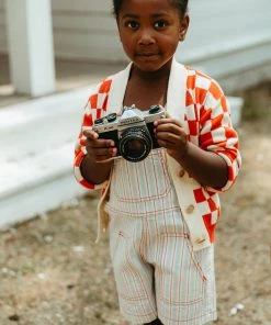 Fin & Vince Red, White And Blue Denim Short Overall - Grain Sack Stripe