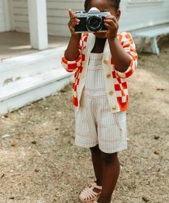 Fin & Vince Red, White And Blue Denim Short Overall - Grain Sack Stripe