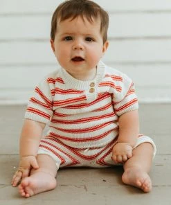 Fin & Vince Red, White And Blue Zion Knit Shorties - Brick Red/ Milk