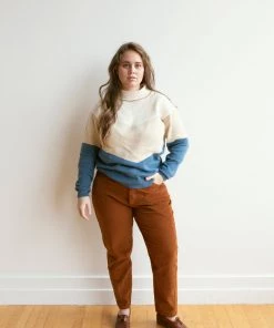 Fin & Vince Women's Colorblock Mock Neck Sweater - Milk/ Sand/ Vintage Blue/ Hazelnut