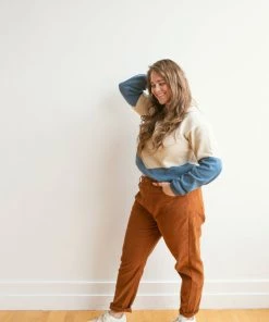 Fin & Vince Women's Colorblock Mock Neck Sweater - Milk/ Sand/ Vintage Blue/ Hazelnut