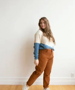 Fin & Vince Women's Colorblock Mock Neck Sweater - Milk/ Sand/ Vintage Blue/ Hazelnut