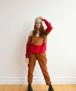 Fin & Vince Women's Colorblock Mock Neck Sweater - Milk/ Hazelnut/chili/ Fern