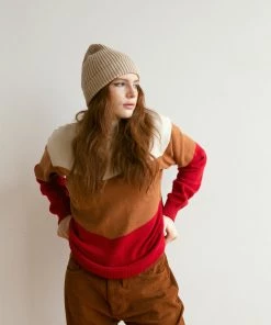 Fin & Vince Women's Colorblock Mock Neck Sweater - Milk/ Hazelnut/chili/ Fern