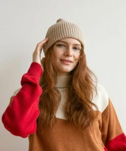 Fin & Vince Women's Colorblock Mock Neck Sweater - Milk/ Hazelnut/chili/ Fern