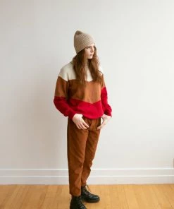 Fin & Vince Women's Colorblock Mock Neck Sweater - Milk/ Hazelnut/chili/ Fern