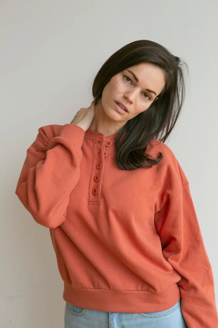 Fin & Vince Women's Fleece Button Pullover - Tomato Sale 5 Fin & Vince Women's Fleece Button Pullover - Tomato Sale