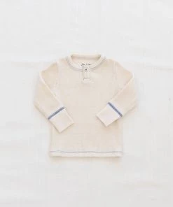 Fin & Vince Waffle Henley Top - Milk/ Blue