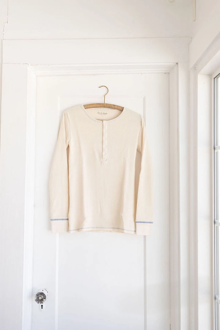 Fin & Vince Women's Waffle Henley Top - Milk/ Blue 3 Fin & Vince Women's Waffle Henley Top - Milk/ Blue