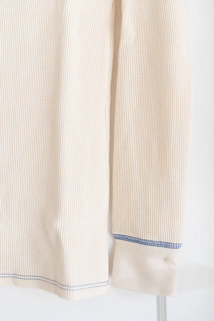 Fin & Vince Women's Waffle Henley Top - Milk/ Blue 4 Fin & Vince Women's Waffle Henley Top - Milk/ Blue