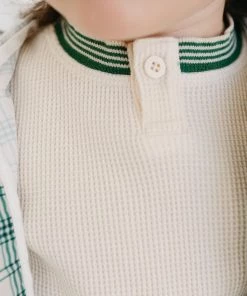 Fin & Vince Waffle Henley Top - Milk/ Fern Retro Cuff Sale