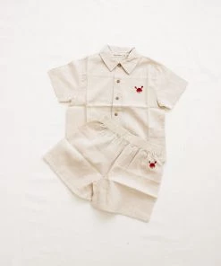 Fin & Vince Woven Trackies - Sand W/ Crab Embroidery