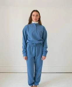 Fin & Vince Women's Fleece Button Pullover - Vintage Blue Sale