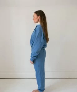 Fin & Vince Women's Fleece Button Pullover - Vintage Blue Sale