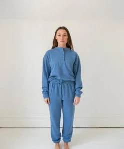 Fin & Vince Women's Fleece Button Pullover - Vintage Blue Sale