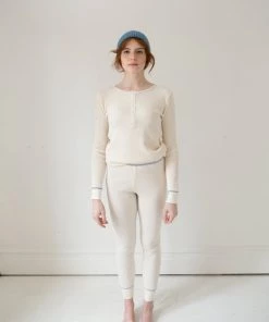 Fin & Vince Women's Waffle Henley Top - Milk/ Blue 8 Fin & Vince Women's Waffle Henley Top - Milk/ Blue