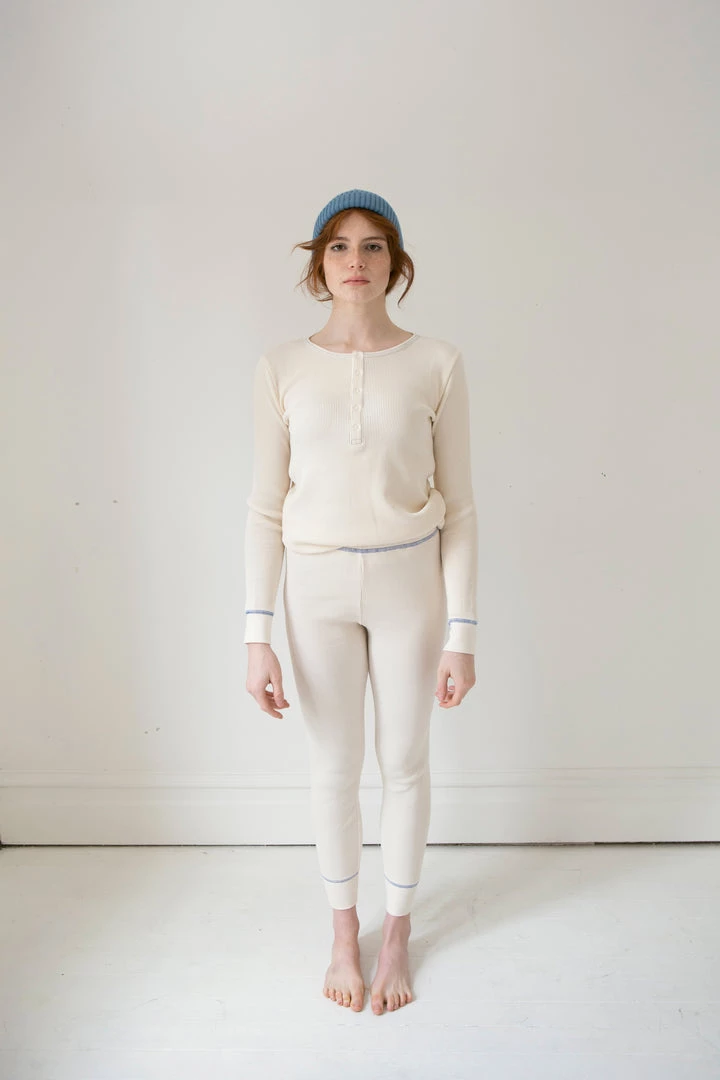 Fin & Vince Women's Waffle Henley Top - Milk/ Blue 5 Fin & Vince Women's Waffle Henley Top - Milk/ Blue