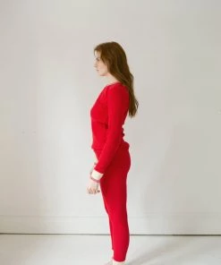 Fin & Vince Women's Waffle Home Pant - Chili/ Retro Cuff