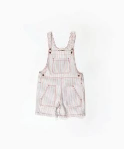 Fin & Vince Red, White And Blue Denim Short Overall - Grain Sack Stripe