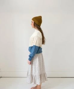 Fin & Vince Women's Colorblock Mock Neck Sweater - Milk/ Sand/ Vintage Blue/ Hazelnut