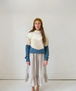 Fin & Vince Women's Colorblock Mock Neck Sweater - Milk/ Sand/ Vintage Blue/ Hazelnut